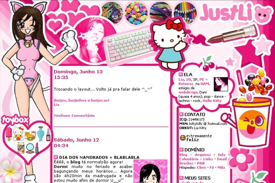 (No ar em 13/06/04) Comentários: Eu sempre quis um layout maluquinho cheio de tranqueirinhas jogadas… A cor é pq estou numa fase meio rosa, pra roupas e tal.. =P É o mesmo desenho feito pela Thali usado segunda versão do JL.