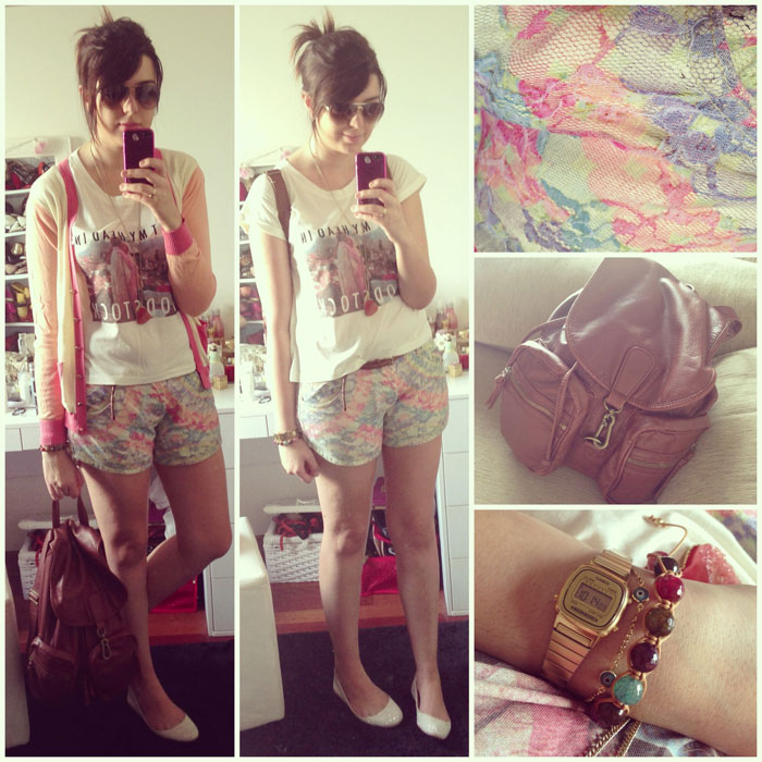 Short Farm + Camiseta Topshop + Casaco Primark + Sapatilha Zara + Pulseira 25 de março + Relógio Casio + Mochila Topshop