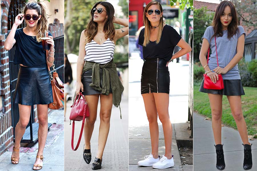 looks com saia de couro e tenis