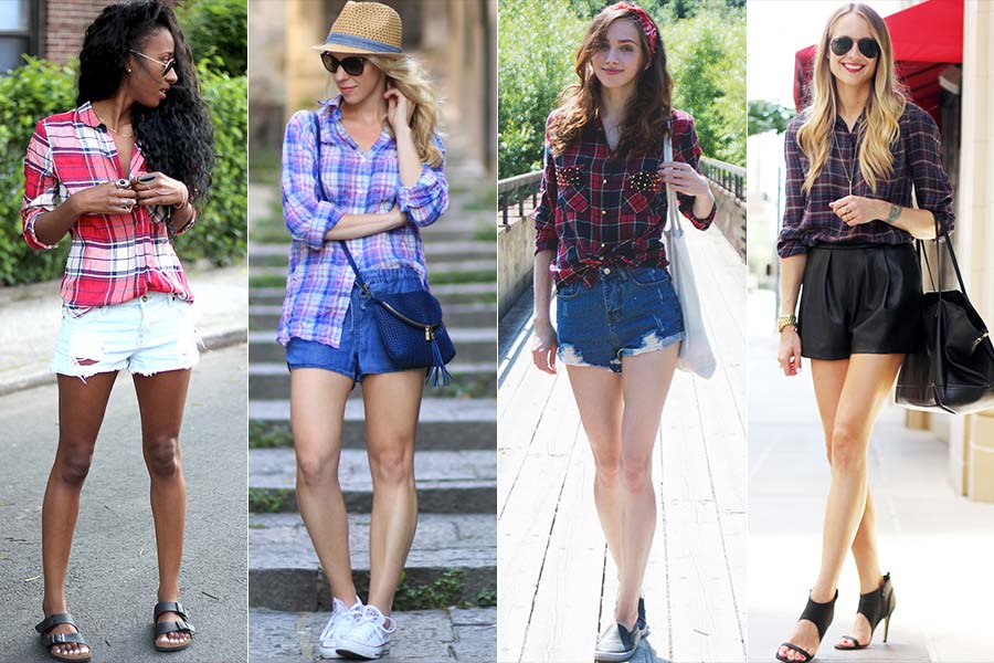 camisa xadrez com shorts jeans